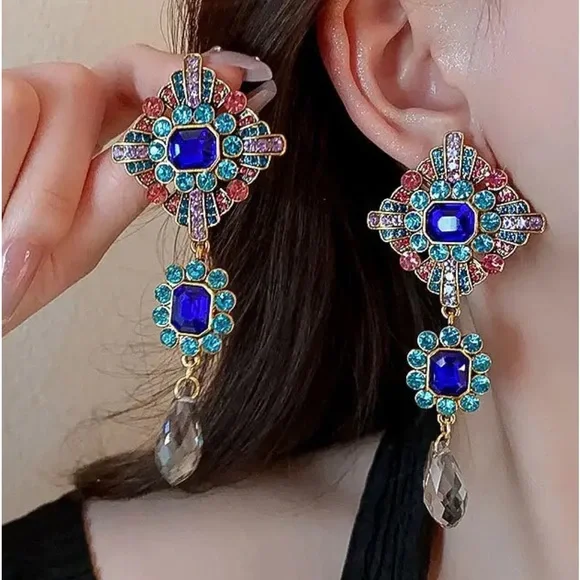 Colorful Crystal, Rhinestone Drop Medallion Dangle Vintage Look Party Earrings - Picture 2 of 10